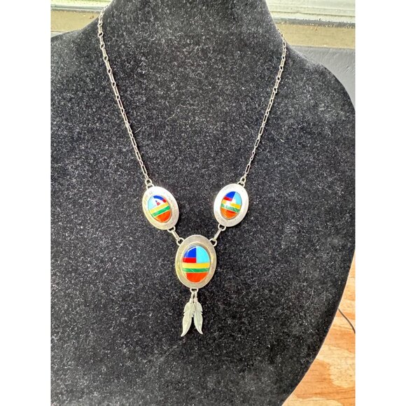 Native American Sterling Silver Navajo Necklace With Multi-Stone Inlay & Feather - Picture 2 of 8
